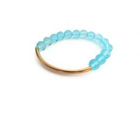 Gold tube bracelet with aqua beads. Bar beaded stratch bracelet. Stretch aqua armcandy